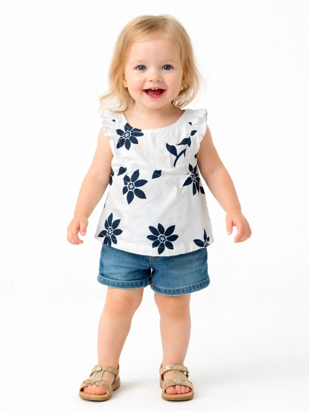 Carter’s‎ Baby Girl Floral Ruffle Top 12M White Blue Sleeveless Blouse